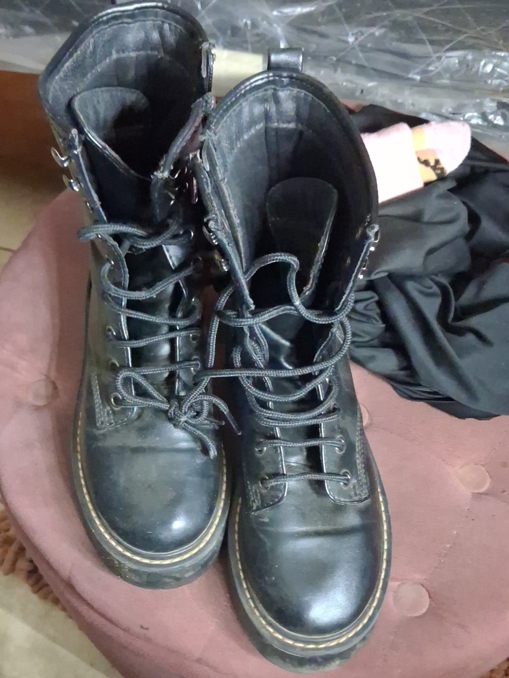Women's Black Lace-Up Moto Boots with Side Zipper